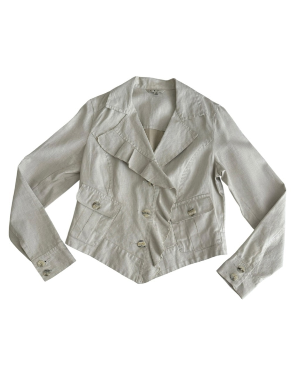 Women's CAbi Beige Linen Ruffle Up Blazer Jacket Medium